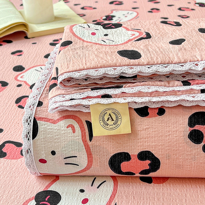 91家纺网 家纺一手货源 找家纺 水木坊 2025新款云感提花双层纱花边床单 豹纹猫咪粉