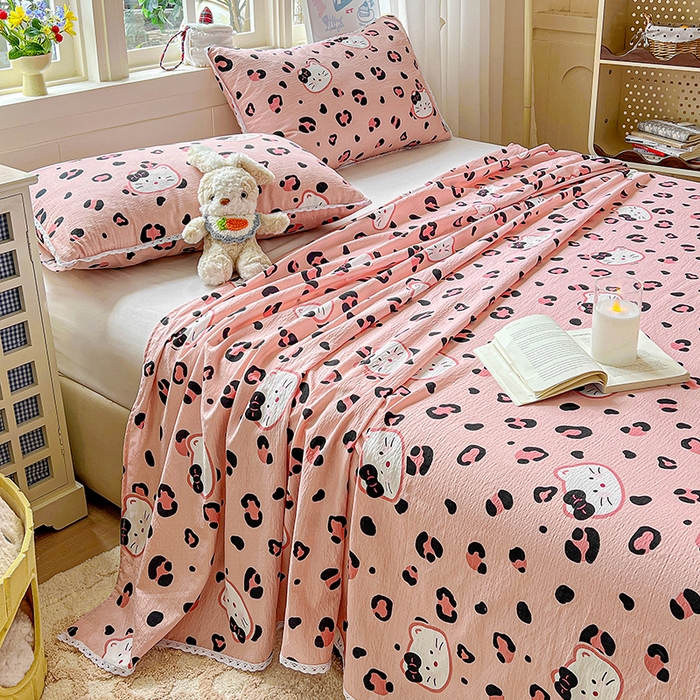 91家纺网 家纺一手货源 找家纺 水木坊 2025新款云感提花双层纱花边床单 豹纹猫咪粉