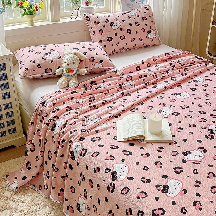 91家纺网 家纺一手货源 找家纺 水木坊 2025新款云感提花双层纱花边床单 豹纹猫咪粉