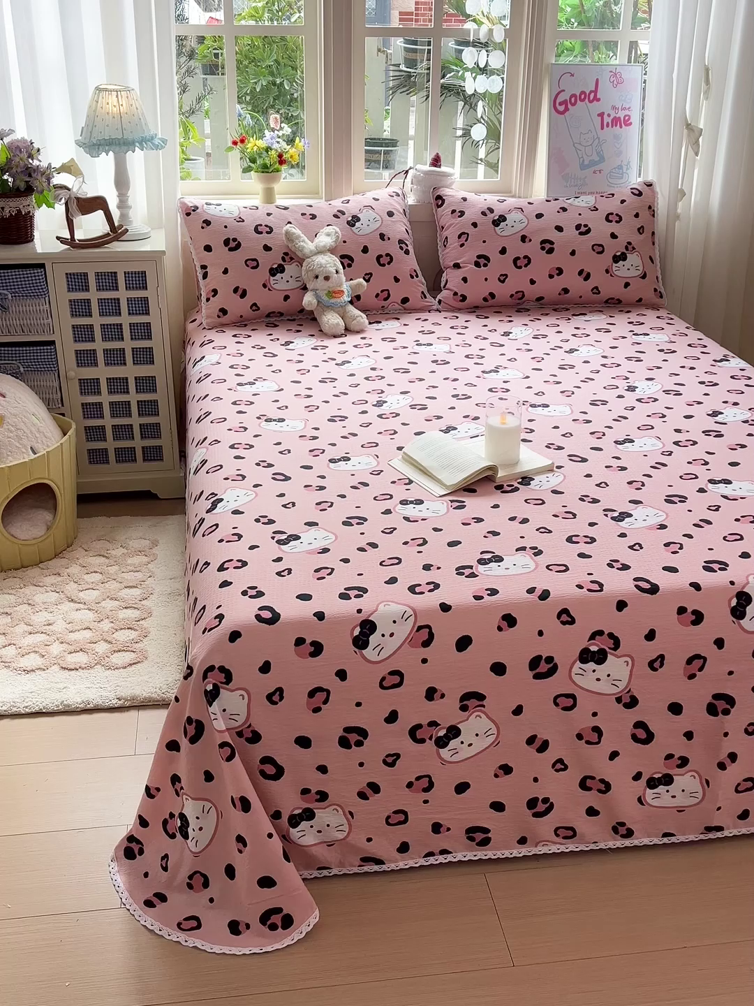 91家纺网 家纺一手货源 找家纺 水木坊 2025新款云感提花双层纱花边床单 豹纹猫咪粉