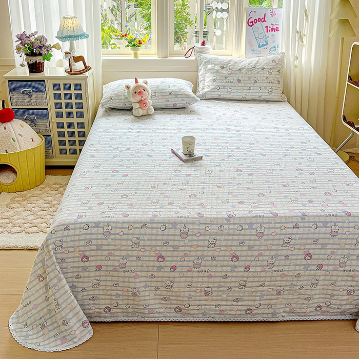 91家纺网 家纺一手货源 找家纺 水木坊 2025新款云感提花双层纱花边床单 草莓猫