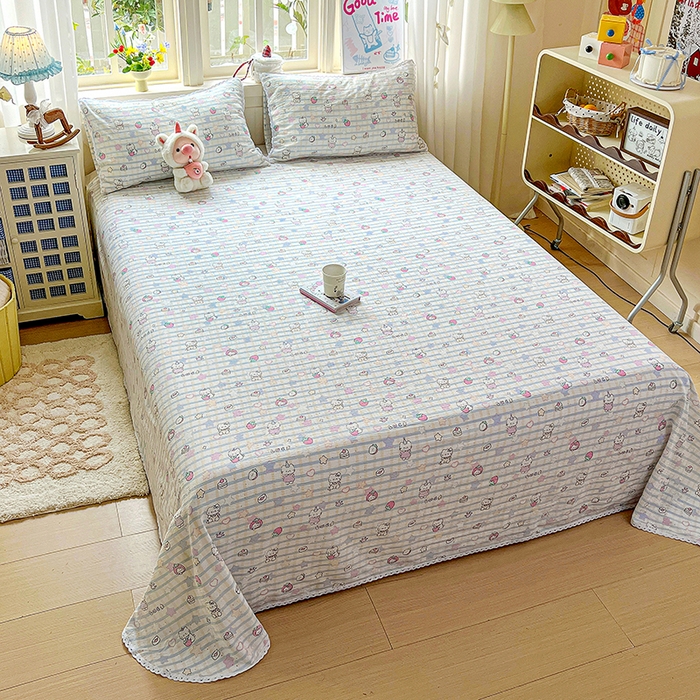 91家纺网 家纺一手货源 找家纺 水木坊 2025新款云感提花双层纱花边床单 草莓猫