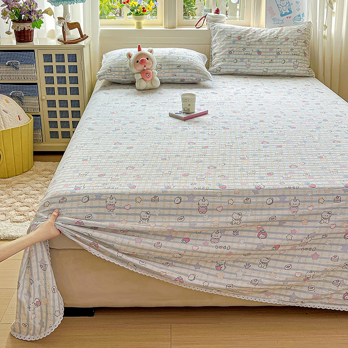 91家纺网 家纺一手货源 找家纺 水木坊 2025新款云感提花双层纱花边床单 草莓猫