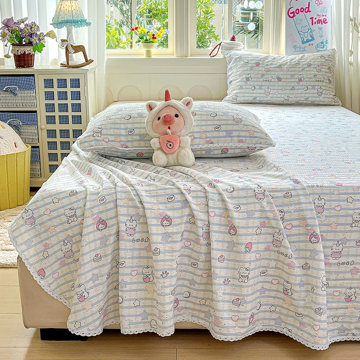 91家纺网 家纺一手货源 找家纺 水木坊 2025新款云感提花双层纱花边床单 草莓猫