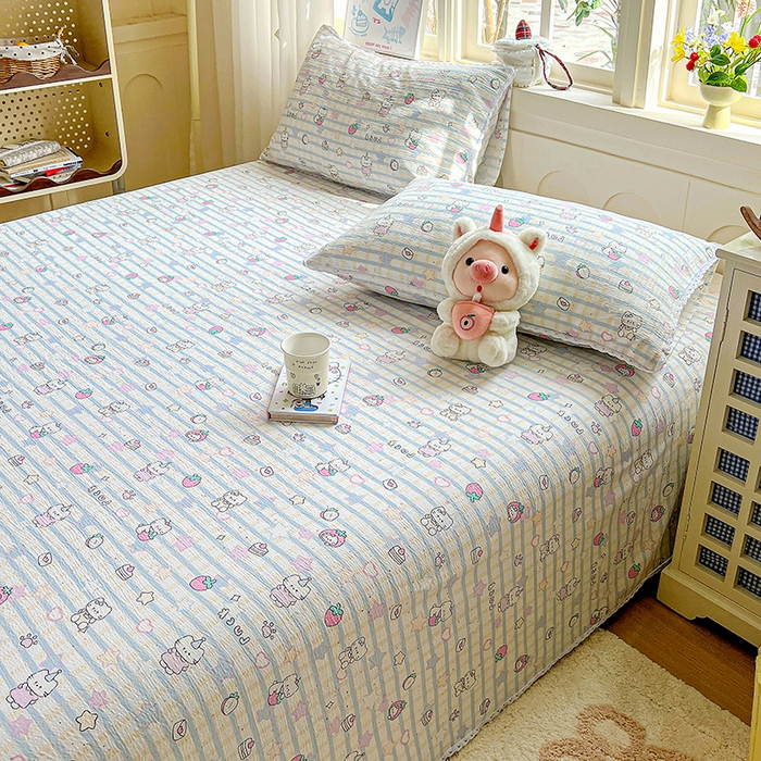 91家纺网 家纺一手货源 找家纺 水木坊 2025新款云感提花双层纱花边床单 草莓猫