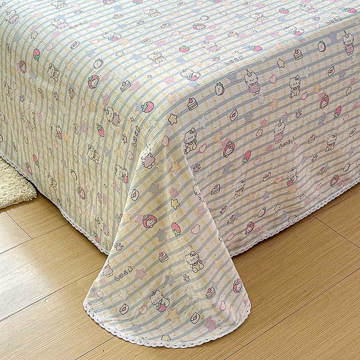 91家纺网 家纺一手货源 找家纺 水木坊 2025新款云感提花双层纱花边床单 草莓猫