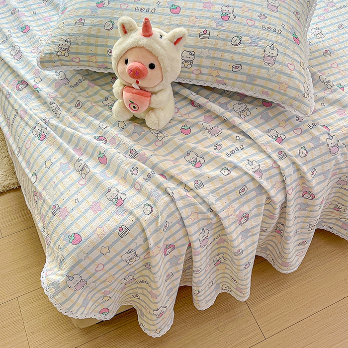 91家纺网 家纺一手货源 找家纺 水木坊 2025新款云感提花双层纱花边床单 草莓猫