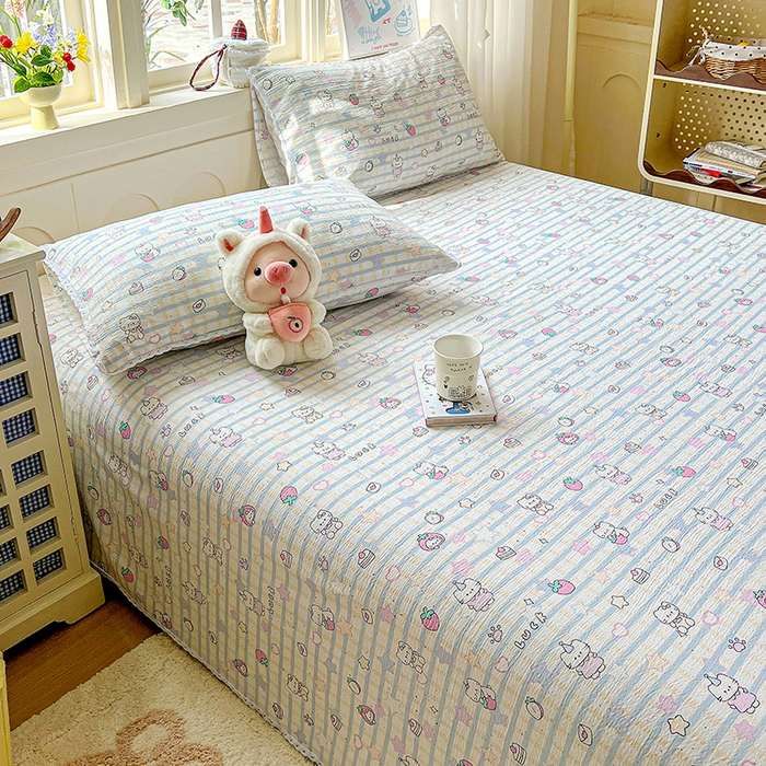 91家纺网 家纺一手货源 找家纺 水木坊 2025新款云感提花双层纱花边床单 草莓猫