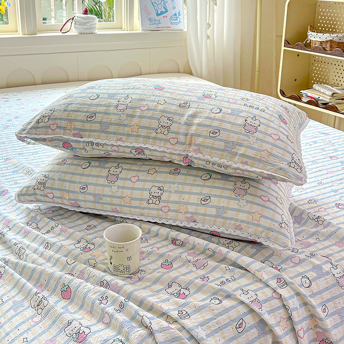 91家纺网 家纺一手货源 找家纺 水木坊 2025新款云感提花双层纱花边床单 草莓猫