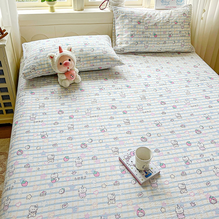 91家纺网 家纺一手货源 找家纺 水木坊 2025新款云感提花双层纱花边床单 草莓猫