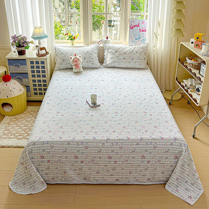 91家纺网 家纺一手货源 找家纺 水木坊 2025新款云感提花双层纱花边床单 草莓猫