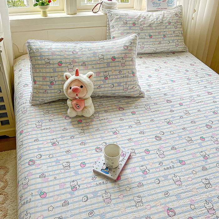 91家纺网 家纺一手货源 找家纺 水木坊 2025新款云感提花双层纱花边床单 草莓猫