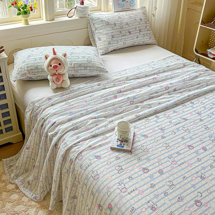 91家纺网 家纺一手货源 找家纺 水木坊 2025新款云感提花双层纱花边床单 草莓猫