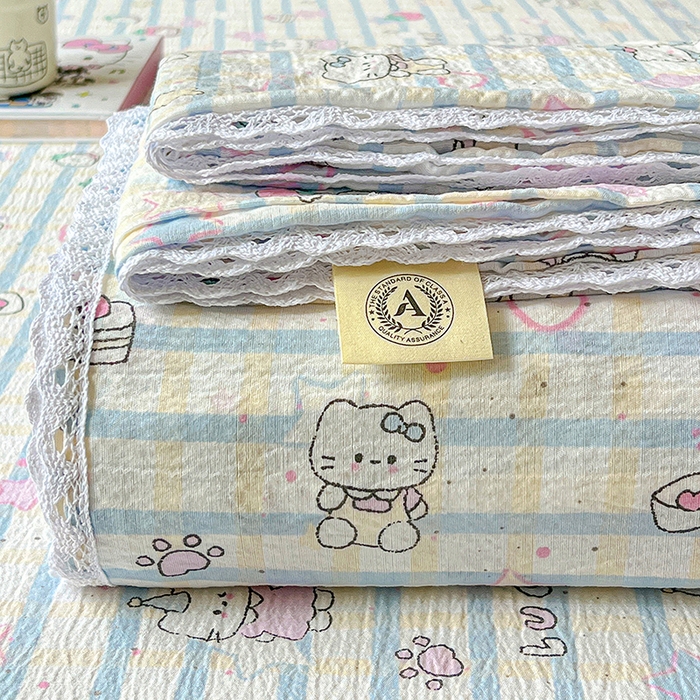 91家纺网 家纺一手货源 找家纺 水木坊 2025新款云感提花双层纱花边床单 草莓猫