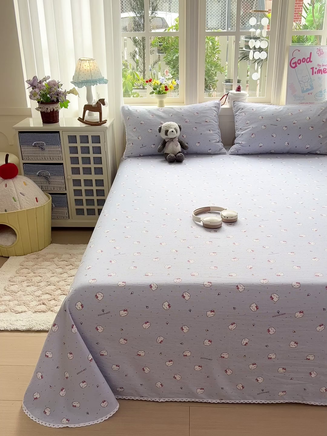 91家纺网 家纺一手货源 找家纺 水木坊 2025新款云感提花双层纱花边床单 蓝梅猫猫