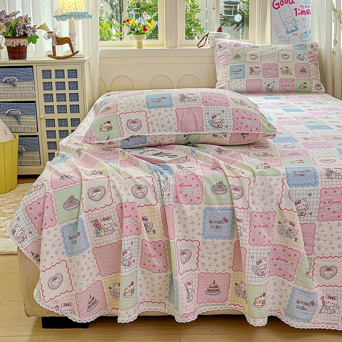 91家纺网 家纺一手货源 找家纺 水木坊 2025新款云感提花双层纱花边床单 蛋糕派队