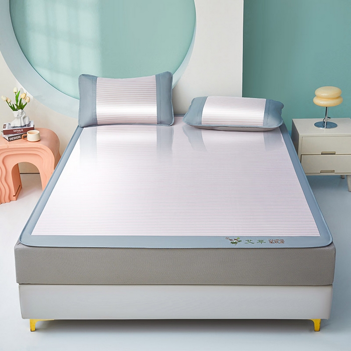 航途席业 2025新款凉席三明治刺绣可水洗碳光冰丝席宽包边艾香系列 艾香条纹床席款树莓粉