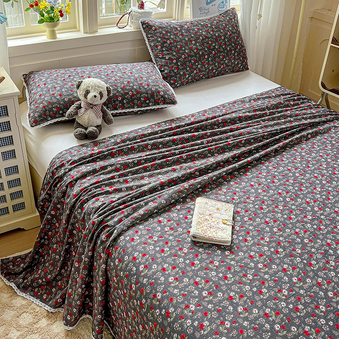 91家纺网 家纺一手货源 找家纺 水木坊 2025新款云感提花双层纱花边床单 复古玫瑰