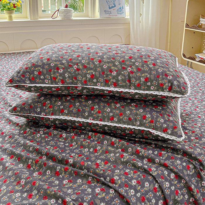 91家纺网 家纺一手货源 找家纺 水木坊 2025新款云感提花双层纱花边床单 复古玫瑰