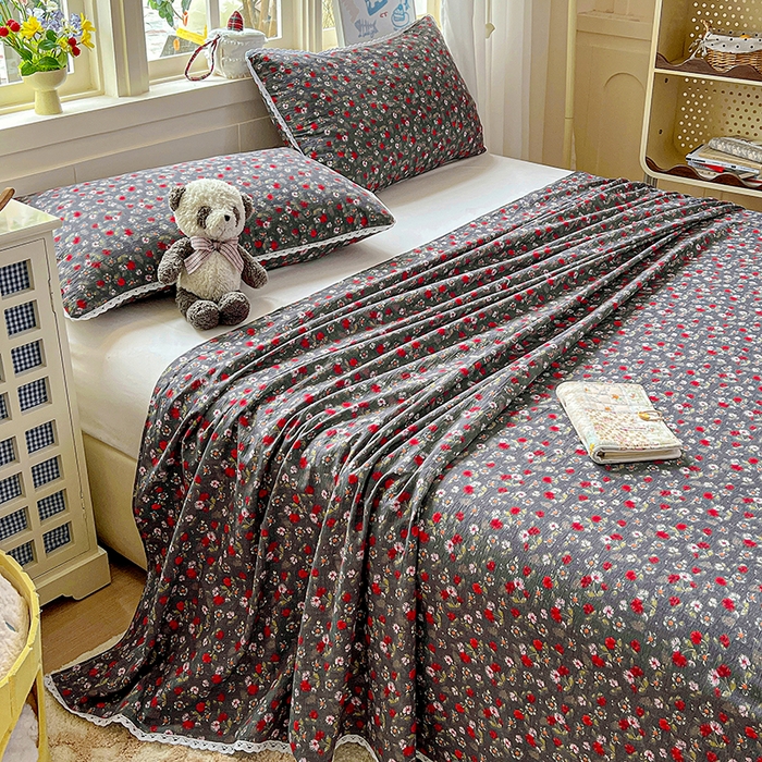 91家纺网 家纺一手货源 找家纺 水木坊 2025新款云感提花双层纱花边床单 复古玫瑰