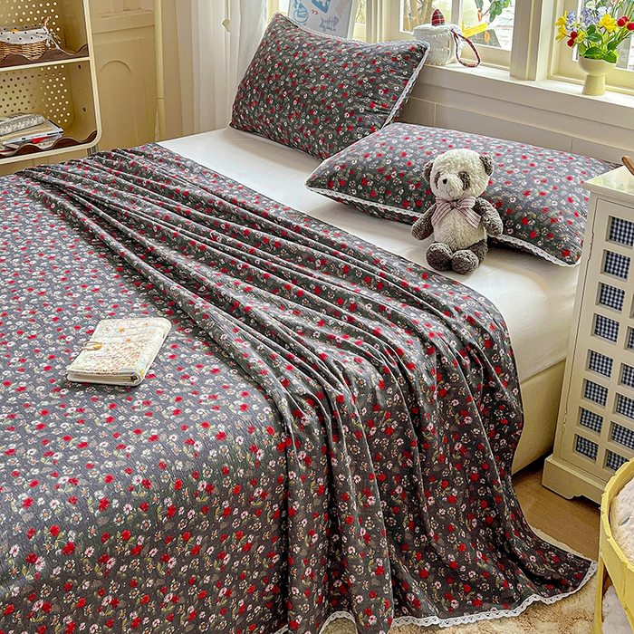 91家纺网 家纺一手货源 找家纺 水木坊 2025新款云感提花双层纱花边床单 复古玫瑰