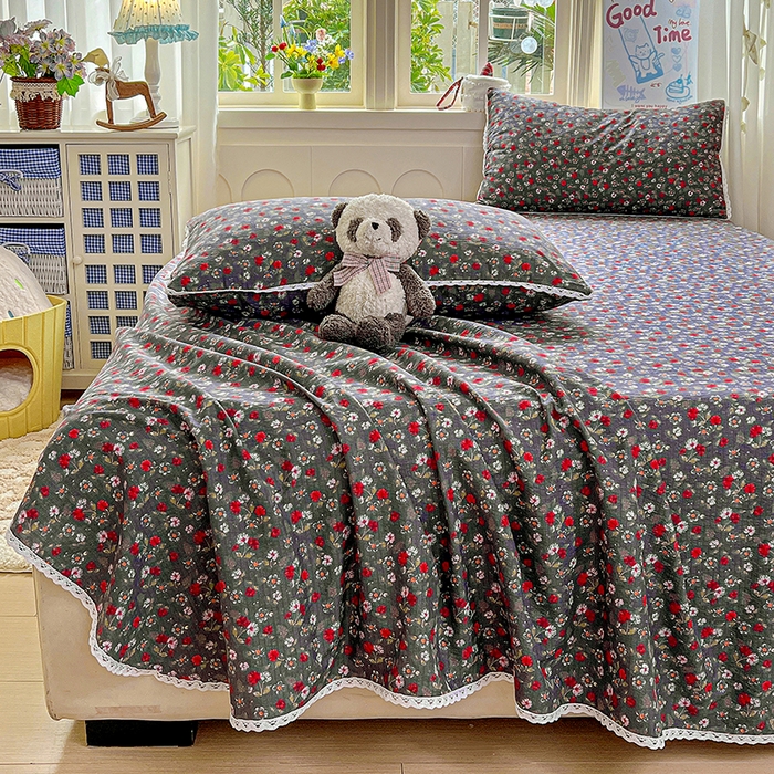 91家纺网 家纺一手货源 找家纺 水木坊 2025新款云感提花双层纱花边床单 复古玫瑰