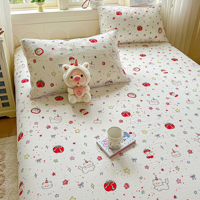 91家纺网 家纺一手货源 找家纺 水木坊 2025新款云感提花双层纱花边床单 苹果游园