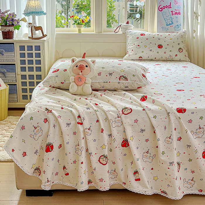 91家纺网 家纺一手货源 找家纺 水木坊 2025新款云感提花双层纱花边床单 苹果游园