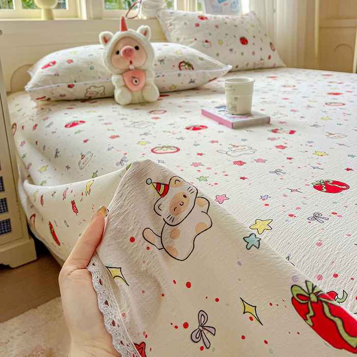 91家纺网 家纺一手货源 找家纺 水木坊 2025新款云感提花双层纱花边床单 苹果游园