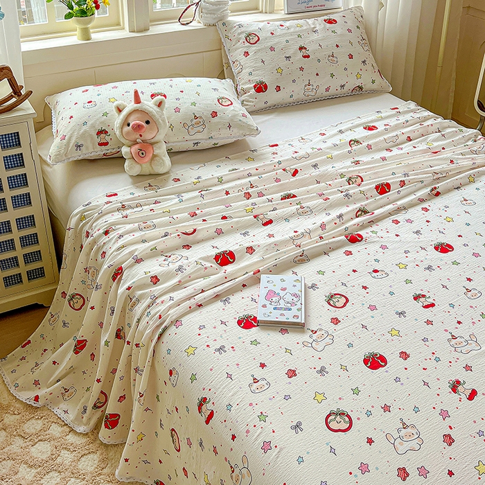 91家纺网 家纺一手货源 找家纺 水木坊 2025新款云感提花双层纱花边床单 苹果游园