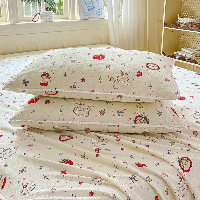 91家纺网 家纺一手货源 找家纺 水木坊 2025新款云感提花双层纱花边床单 苹果游园