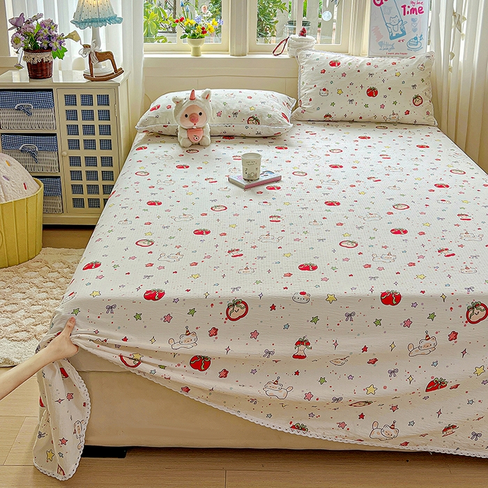 91家纺网 家纺一手货源 找家纺 水木坊 2025新款云感提花双层纱花边床单 苹果游园