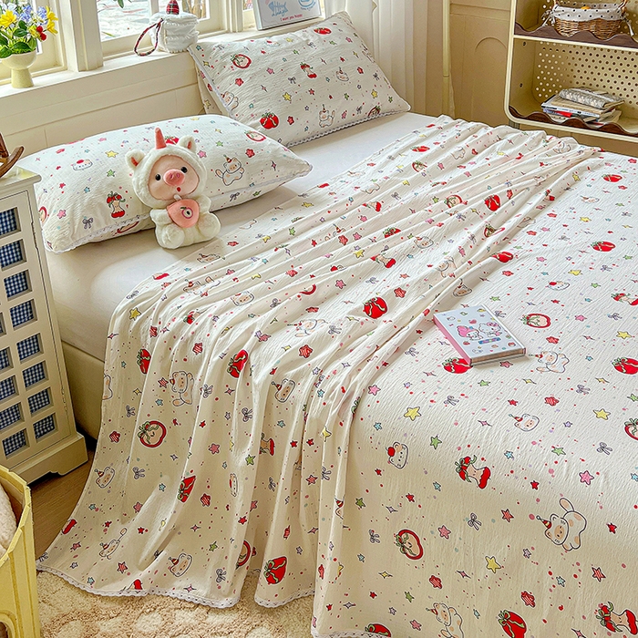 91家纺网 家纺一手货源 找家纺 水木坊 2025新款云感提花双层纱花边床单 苹果游园