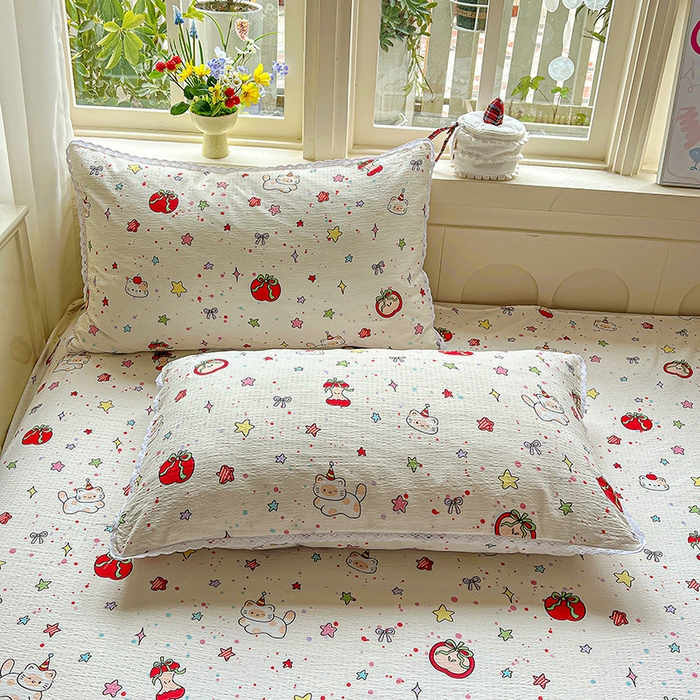 91家纺网 家纺一手货源 找家纺 水木坊 2025新款云感提花双层纱花边床单 苹果游园