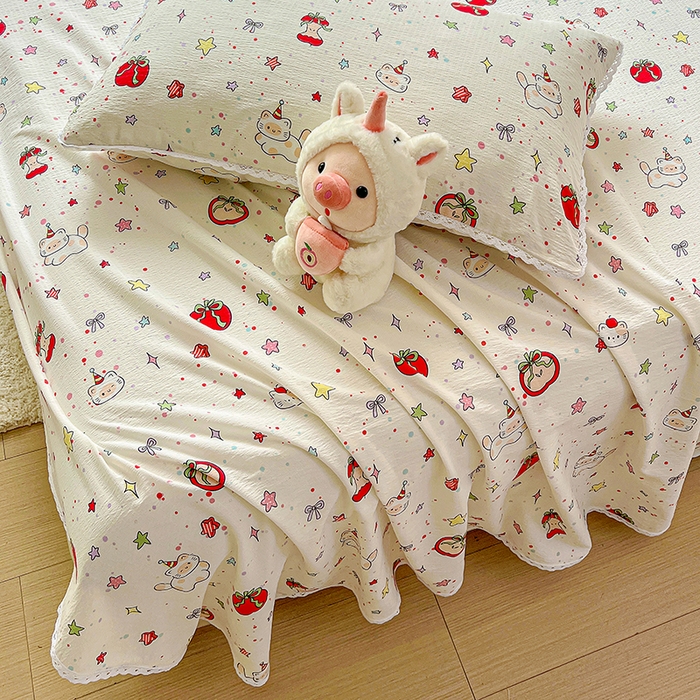 91家纺网 家纺一手货源 找家纺 水木坊 2025新款云感提花双层纱花边床单 苹果游园