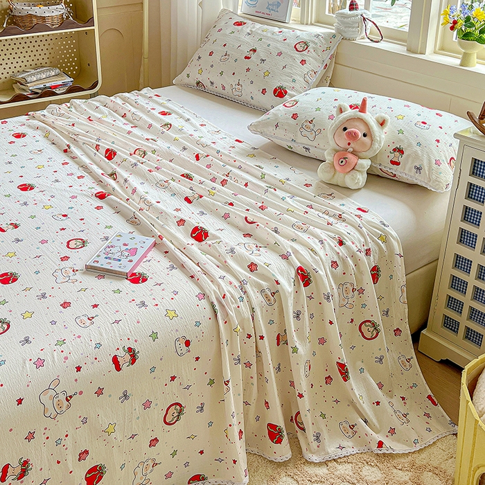 91家纺网 家纺一手货源 找家纺 水木坊 2025新款云感提花双层纱花边床单 苹果游园