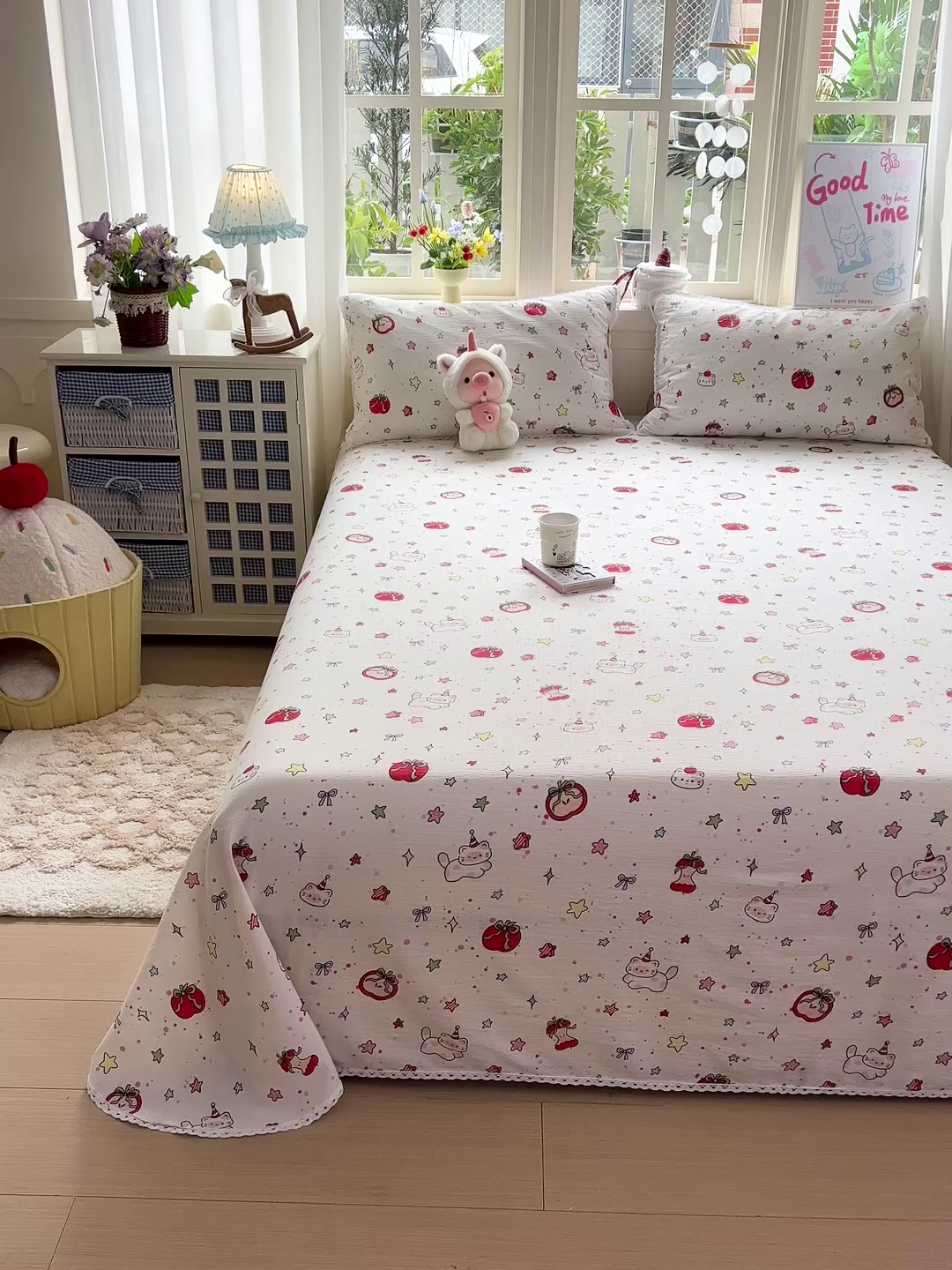 91家纺网 家纺一手货源 找家纺 水木坊 2025新款云感提花双层纱花边床单 苹果游园