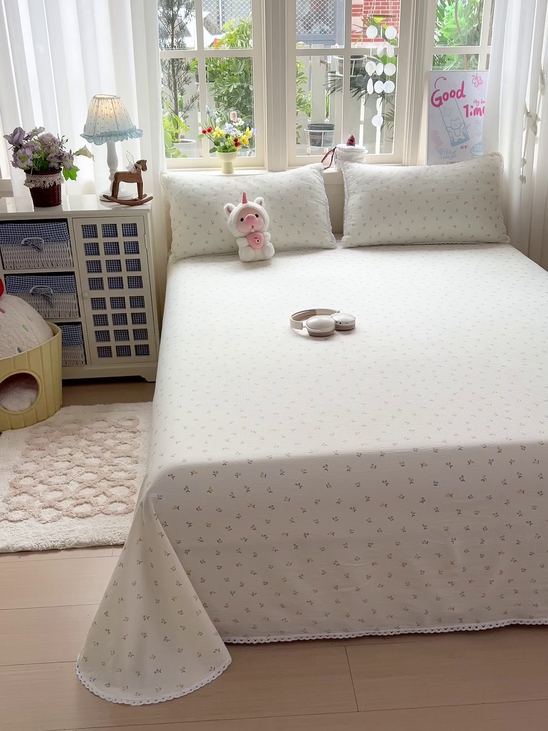 91家纺网 家纺一手货源 找家纺 水木坊 2025新款云感提花双层纱花边床单 小樱桃