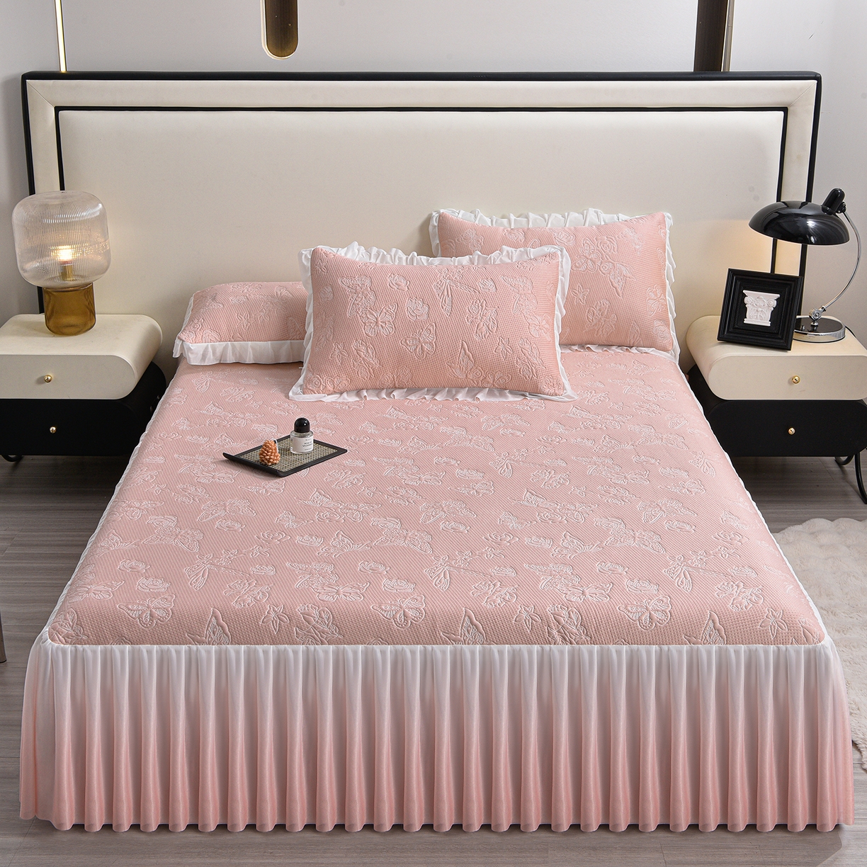 赛丽雅 2026春夏新款480克A类PE聚乙烯提花冰豆豆凉感床裙款凉席三件套席子空调软席 浮蝶玫瑰-粉