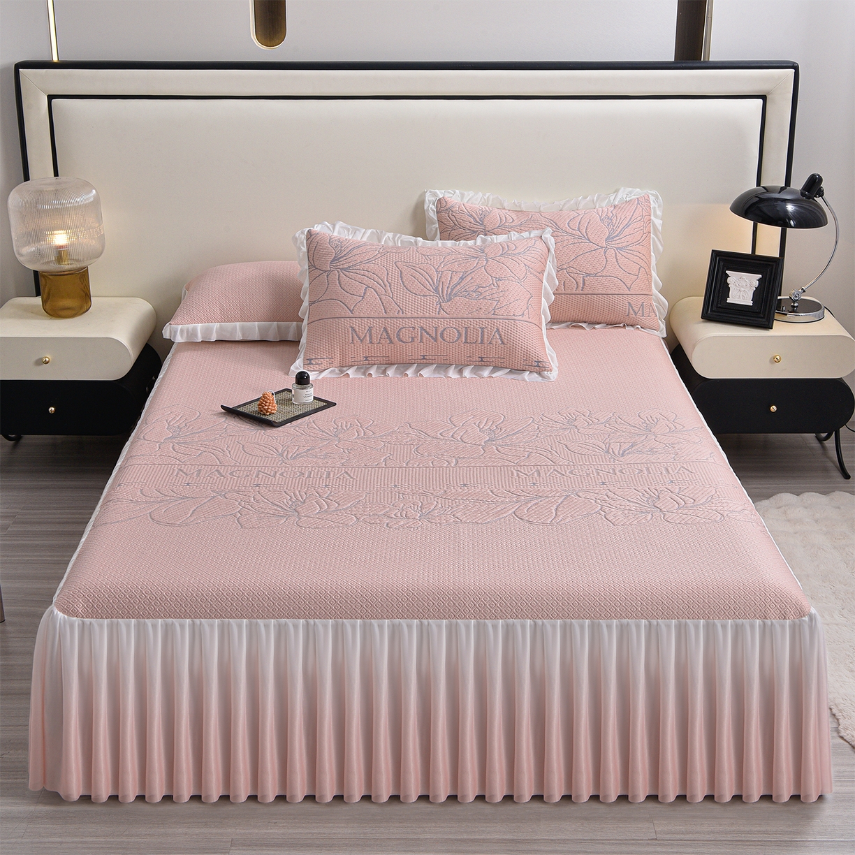 赛丽雅 2026春夏新款480克A类PE聚乙烯提花冰豆豆凉感床裙款凉席三件套席子空调软席 彼岸花-粉