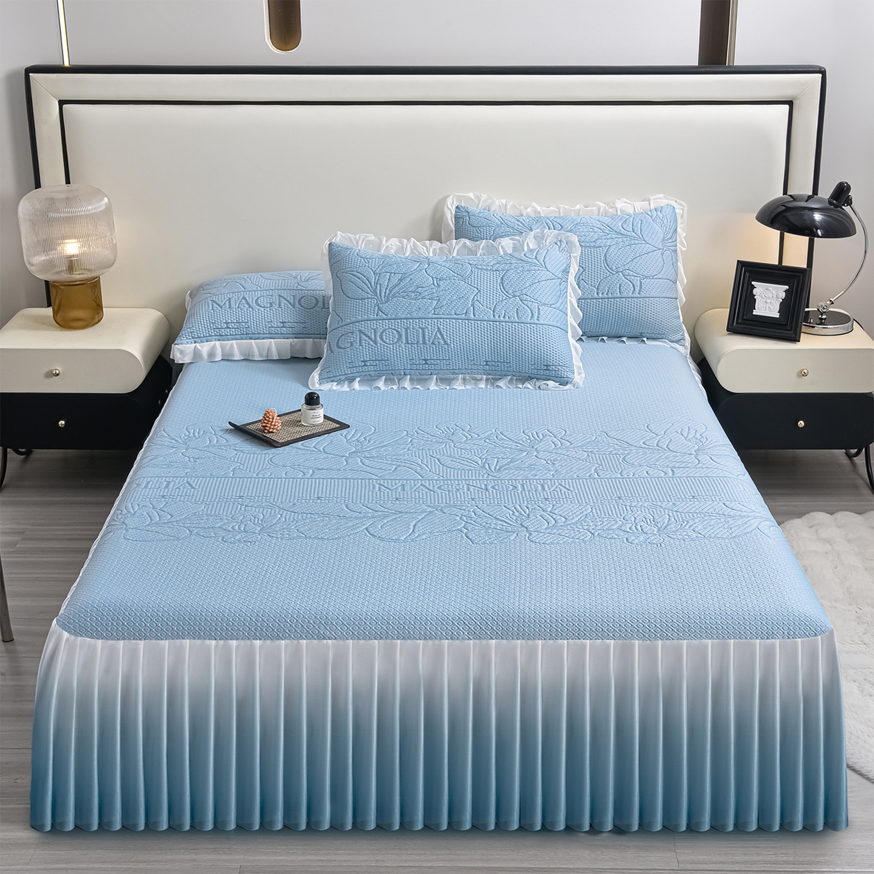 赛丽雅 2026春夏新款480克A类PE聚乙烯提花冰豆豆凉感床裙款凉席三件套席子空调软席 彼岸花-蓝