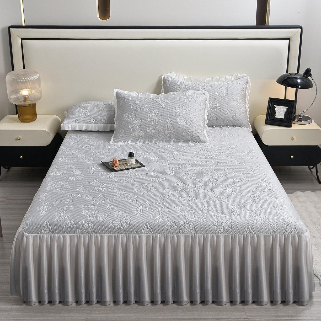 赛丽雅 2026春夏新款480克A类PE聚乙烯提花冰豆豆凉感床裙款凉席三件套席子空调软席 浮蝶玫瑰-灰