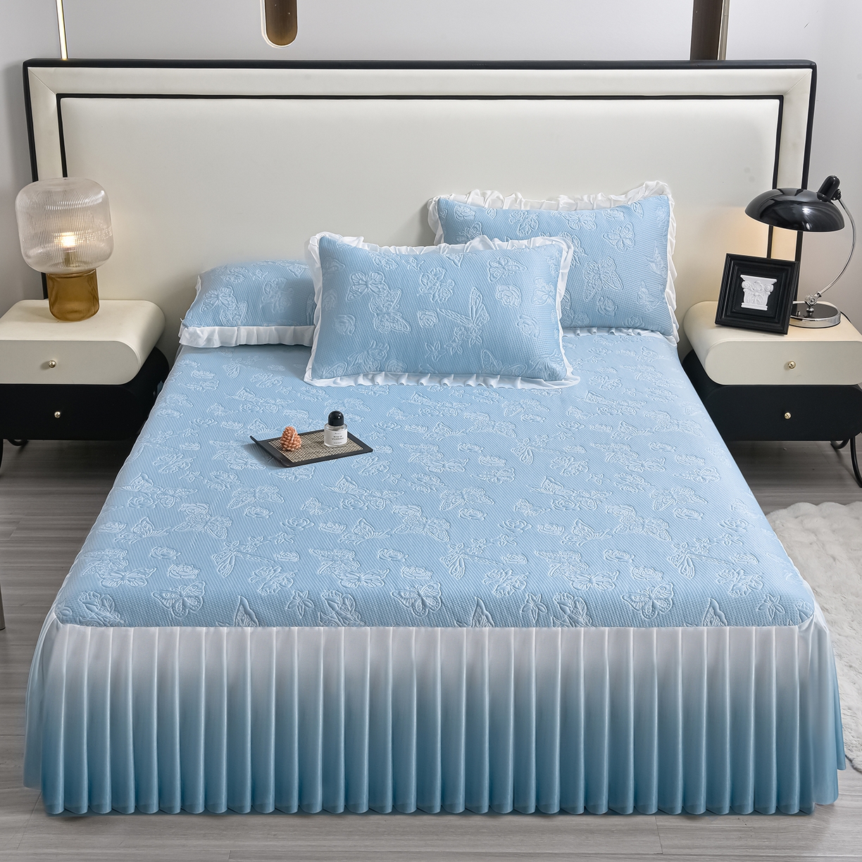 赛丽雅 2026春夏新款480克A类PE聚乙烯提花冰豆豆凉感床裙款凉席三件套席子空调软席 浮蝶玫瑰-蓝
