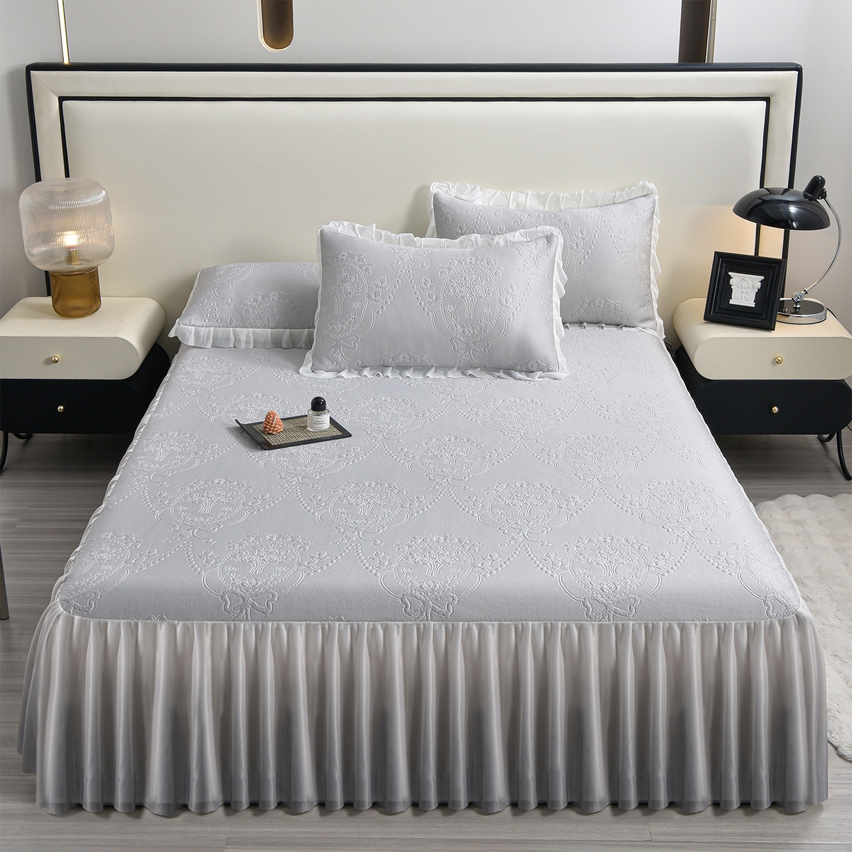 赛丽雅 2026春夏新款480克A类PE聚乙烯提花冰豆豆凉感床裙款凉席三件套席子空调软席 可可花镜-灰