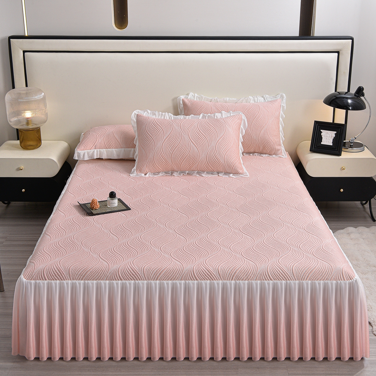 赛丽雅 2026春夏新款480克A类PE聚乙烯提花冰豆豆凉感床裙款凉席三件套席子空调软席 素色主义-粉