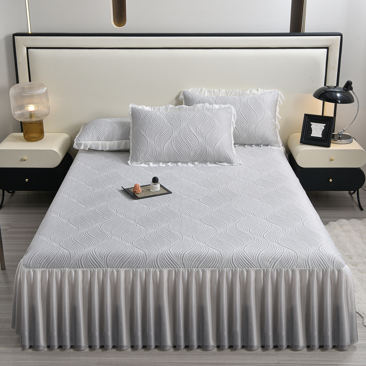 赛丽雅 2026春夏新款480克A类PE聚乙烯提花冰豆豆凉感床裙款凉席三件套席子空调软席 素色主义-灰