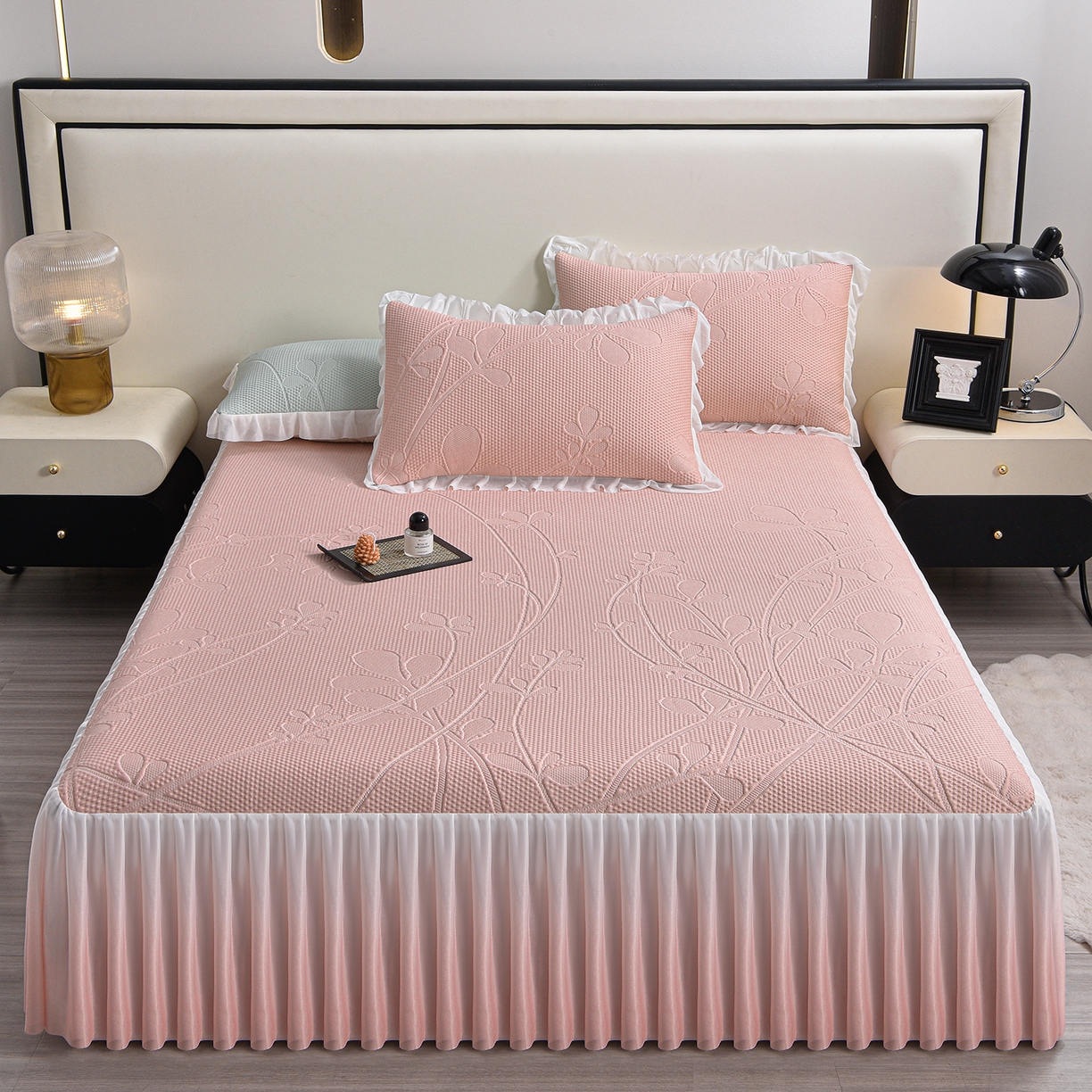 赛丽雅 2026春夏新款480克A类PE聚乙烯提花冰豆豆凉感床裙款凉席三件套席子空调软席 枝夏-粉