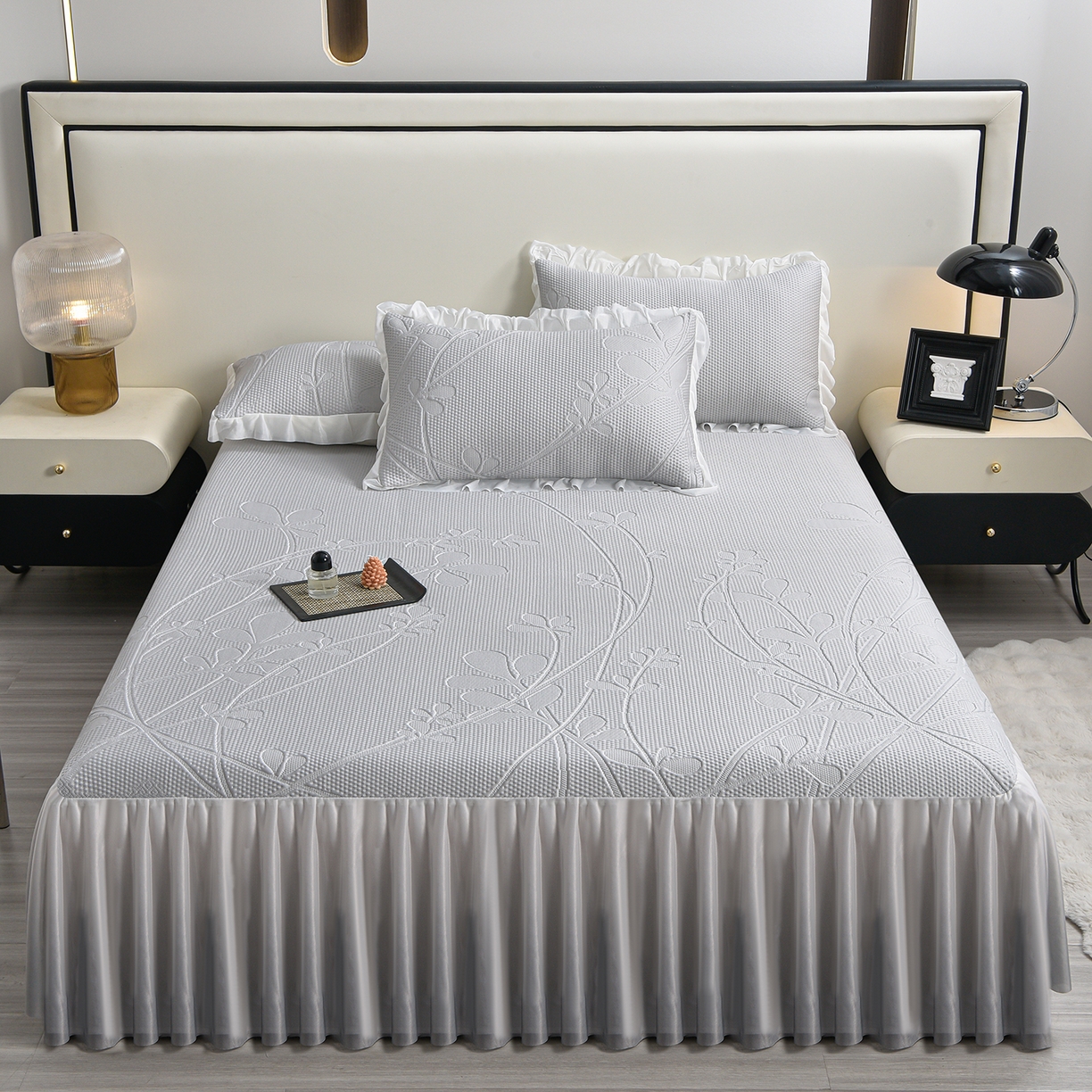 赛丽雅 2026春夏新款480克A类PE聚乙烯提花冰豆豆凉感床裙款凉席三件套席子空调软席 枝夏-灰