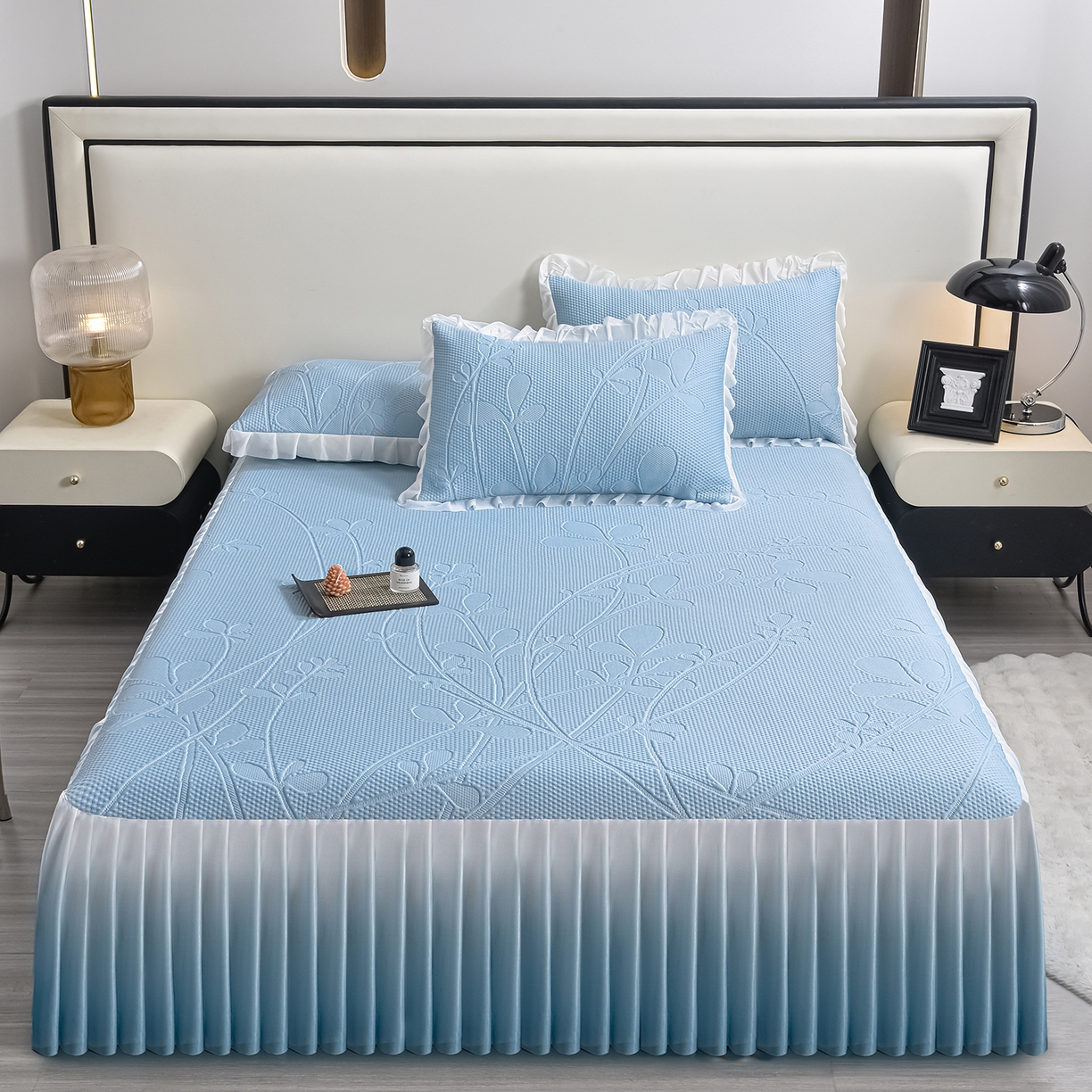 赛丽雅 2026春夏新款480克A类PE聚乙烯提花冰豆豆凉感床裙款凉席三件套席子空调软席 枝夏-蓝