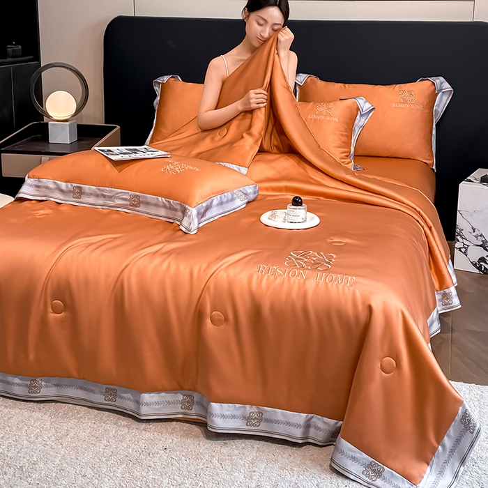 91家纺网 家纺一手货源 找家纺 露梦家纺 2026新款初夏水洗真丝夏被四件套 初夏-玛仕橘